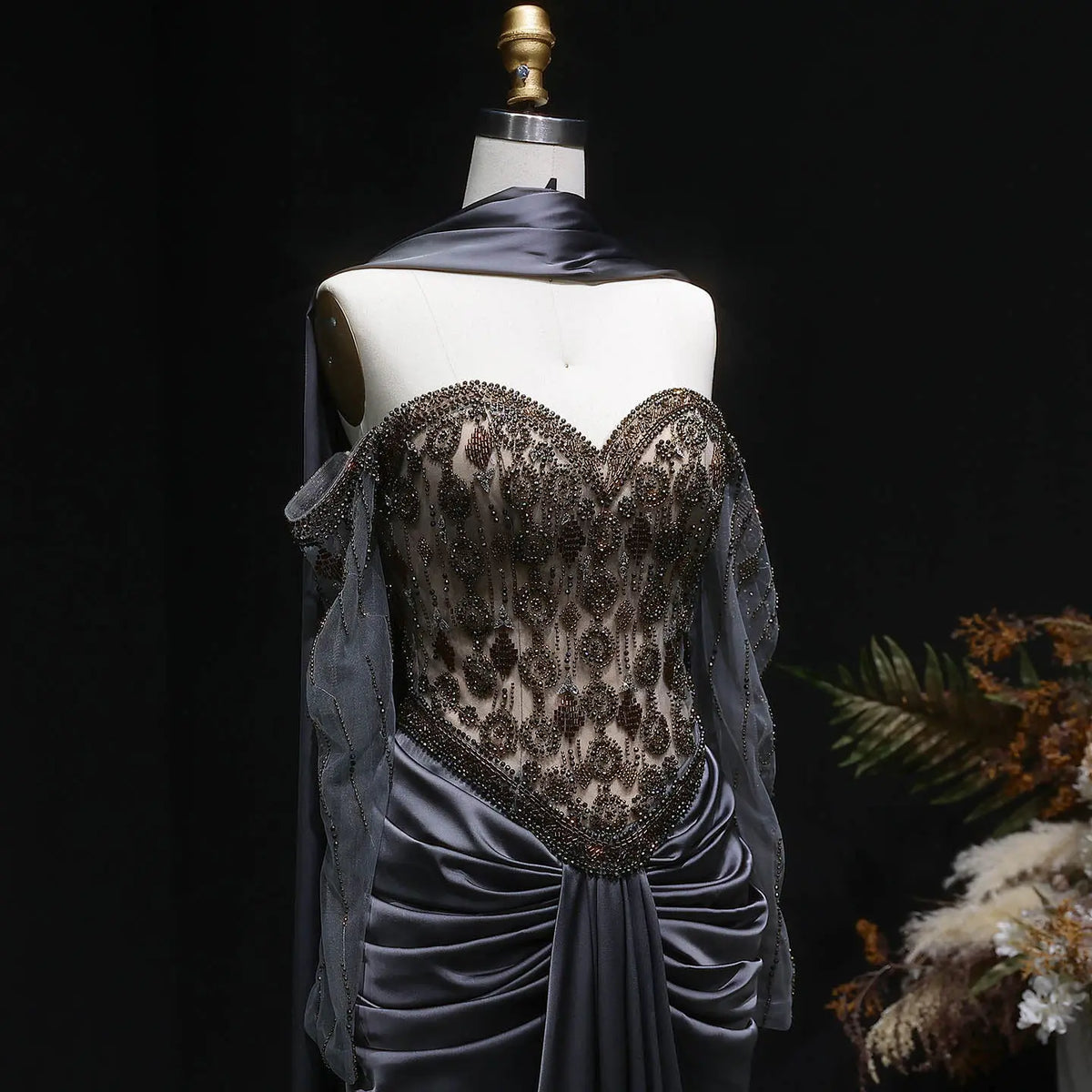 Luxury Gray Embellished Cape Fitted Evening Dress with Scarf SS564 