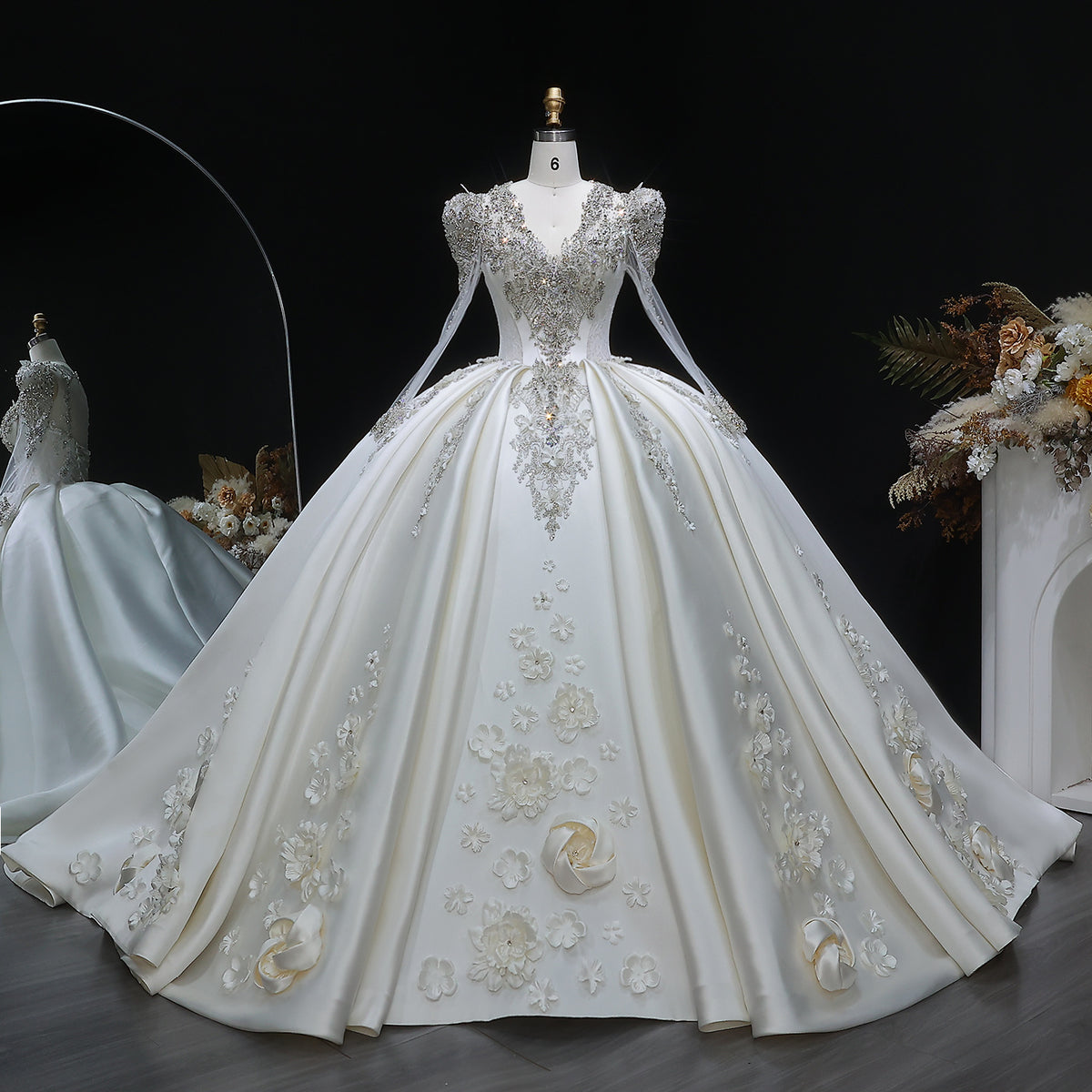 Luxury Satin 3D Floral Long Sleeve Embroidered Wedding Dress SW601 