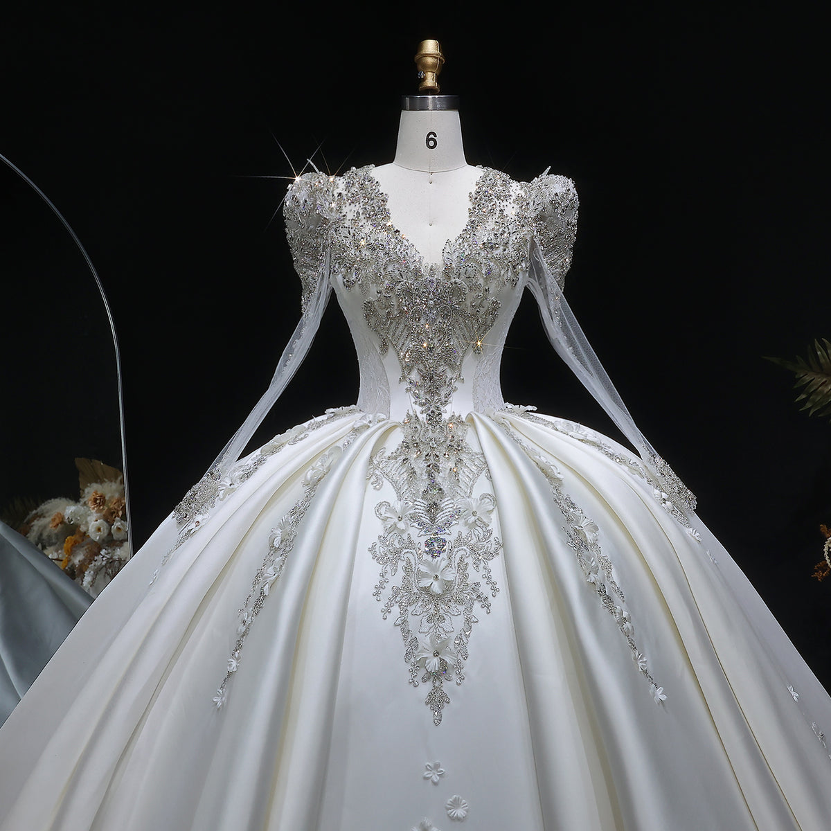 Luxury Satin 3D Floral Long Sleeve Embroidered Wedding Dress SW601 