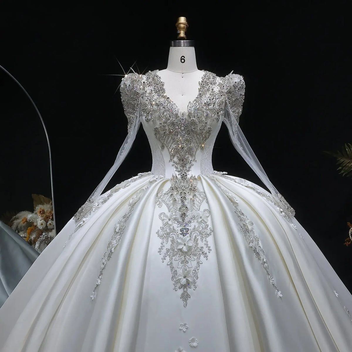 Luxury Satin 3D Floral Long Sleeve Embroidered Wedding Dress SW601 
