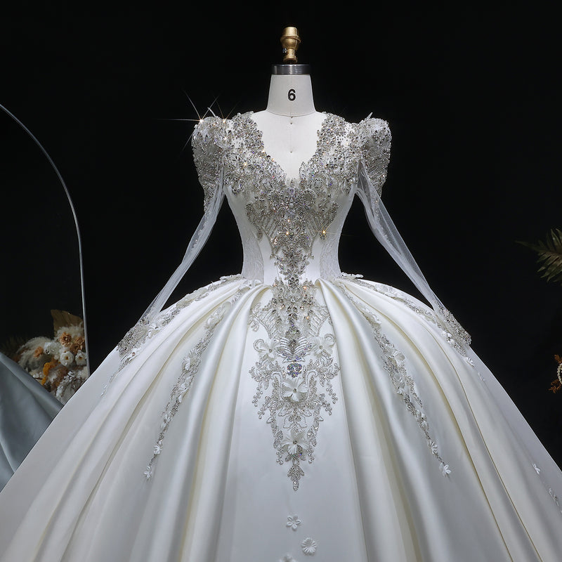 Luxury Satin 3D Floral Long Sleeve Embroidered Wedding Dress SW601 