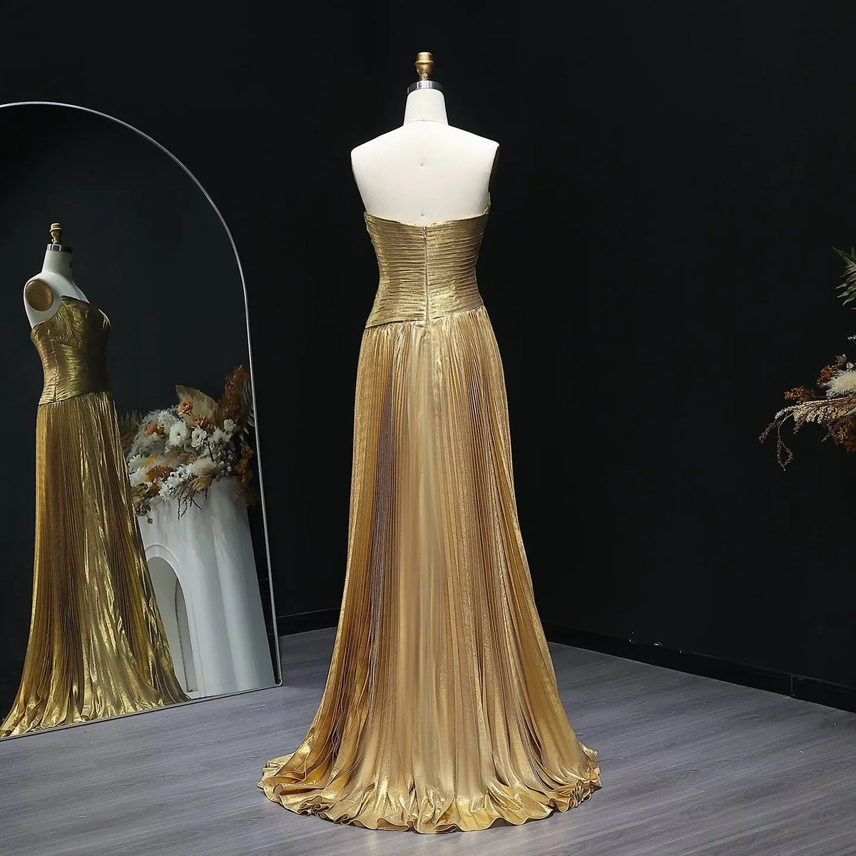 Elegant Gold Pleats Strapless Draped Evening Dress SF208 Elegant Gold Pleats Strapless Draped Evening Dress SF208