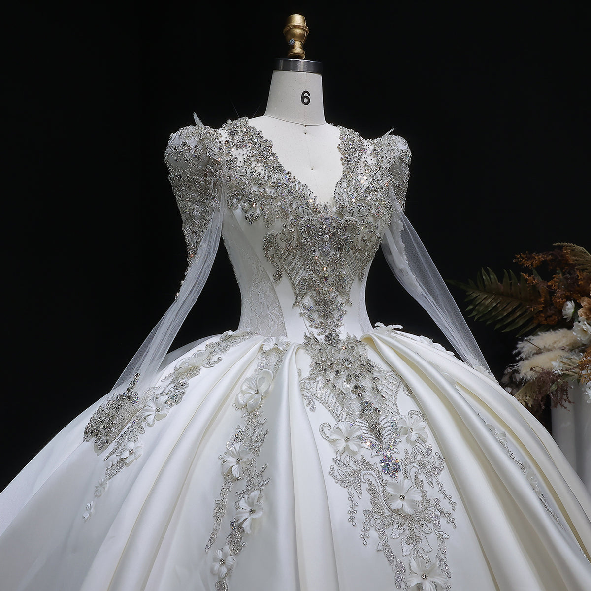 Luxury Satin 3D Floral Long Sleeve Embroidered Wedding Dress SW601 