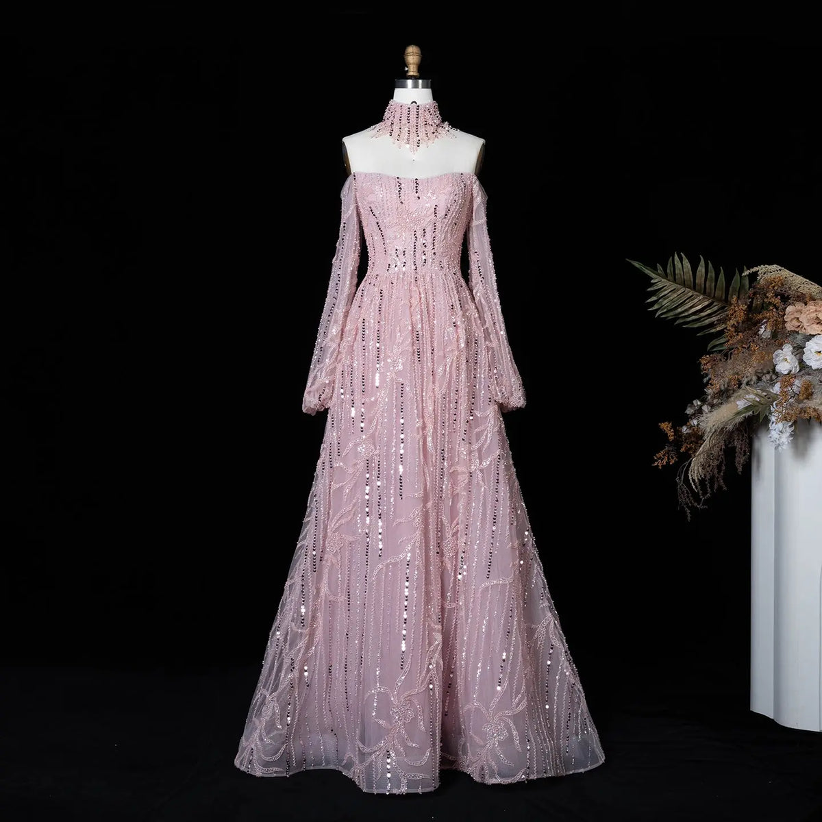 Dusty Pink Sequin Puff Sleeve Evening Dress SS411