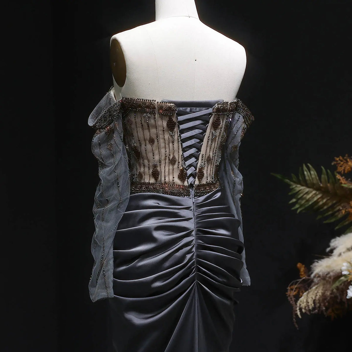 Luxury Gray Embellished Cape Fitted Evening Dress with Scarf SS564 