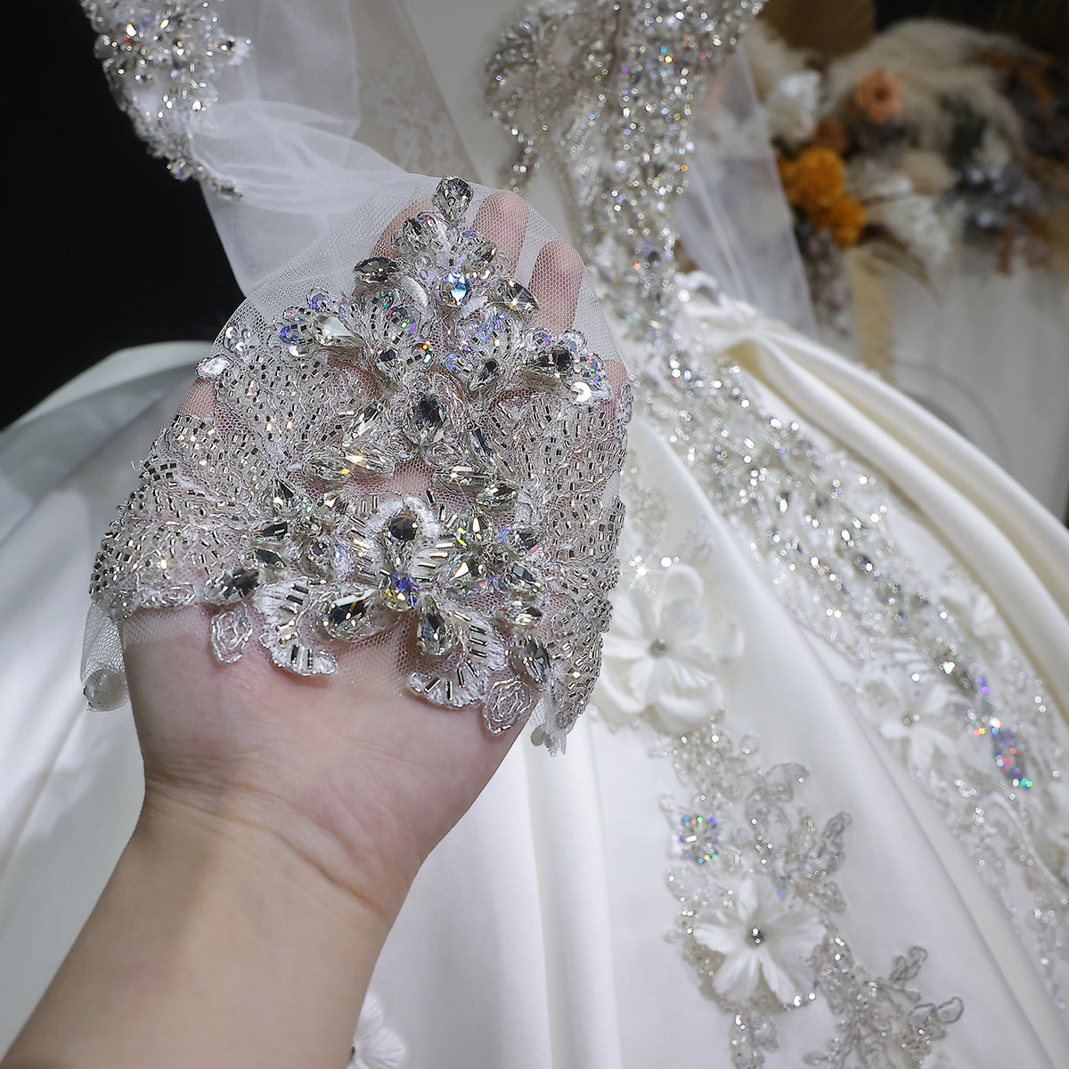 Luxury Satin 3D Floral Long Sleeve Embroidered Wedding Dress SW601 