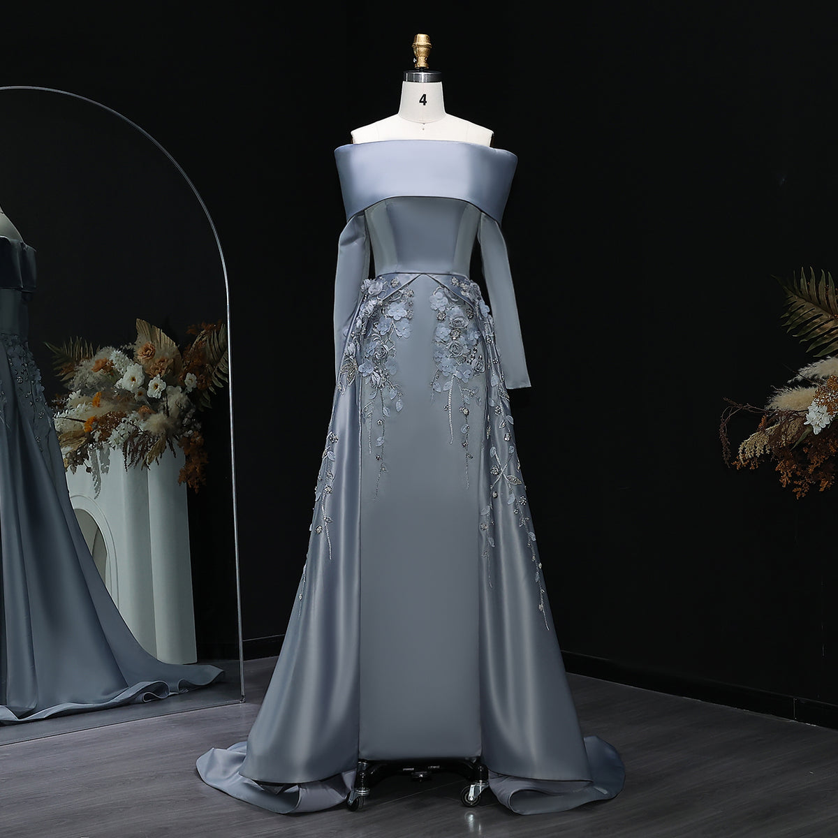 Elegant Gray 3D Flowers Beaded Arabic Evening Dress with Overskirt SS228 