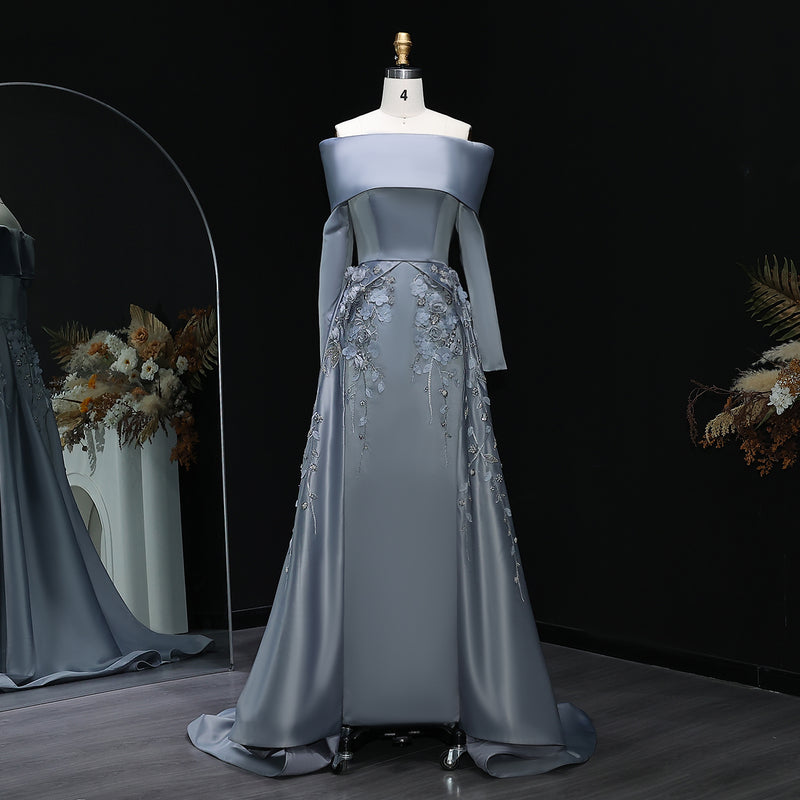 Elegant Gray 3D Flowers Beaded Arabic Evening Dress with Overskirt SS228 