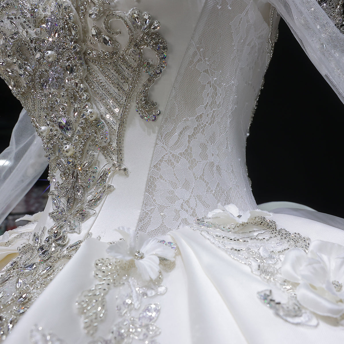 Luxury Satin 3D Floral Long Sleeve Embroidered Wedding Dress SW601 