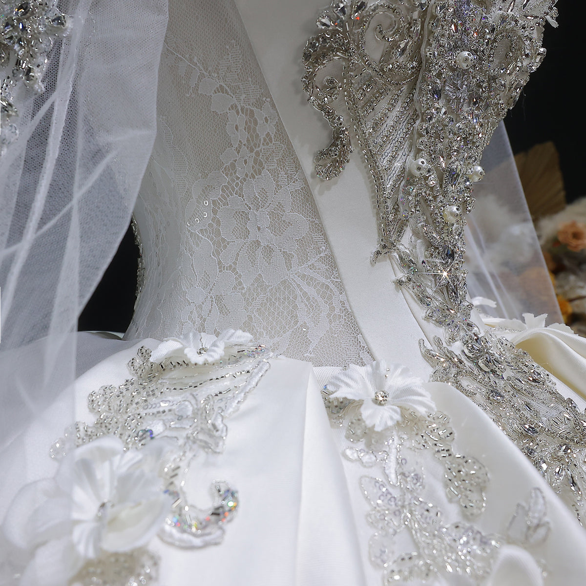 Luxury Satin 3D Floral Long Sleeve Embroidered Wedding Dress SW601 