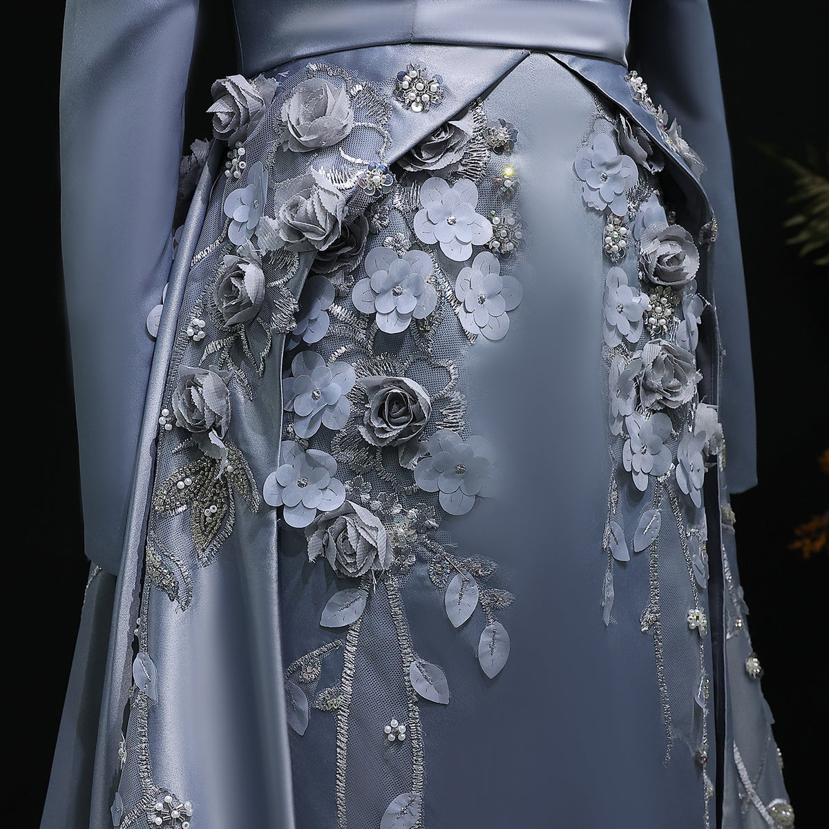 Elegant Gray 3D Flowers Beaded Arabic Evening Dress with Overskirt SS228 