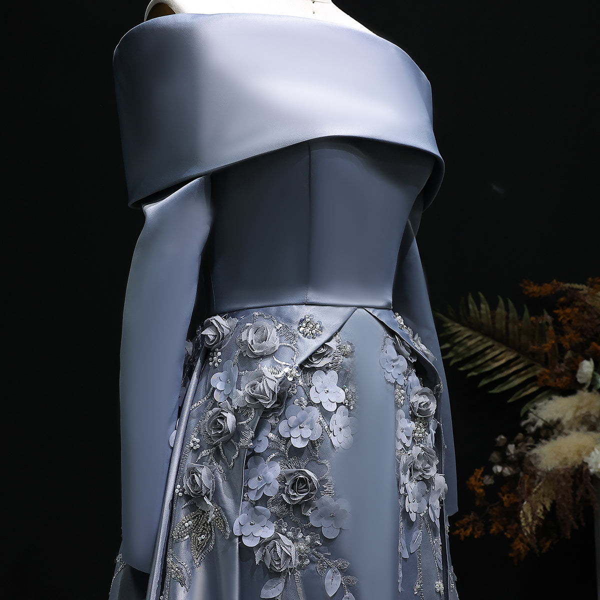 Elegant Gray 3D Flowers Beaded Arabic Evening Dress with Overskirt SS228 
