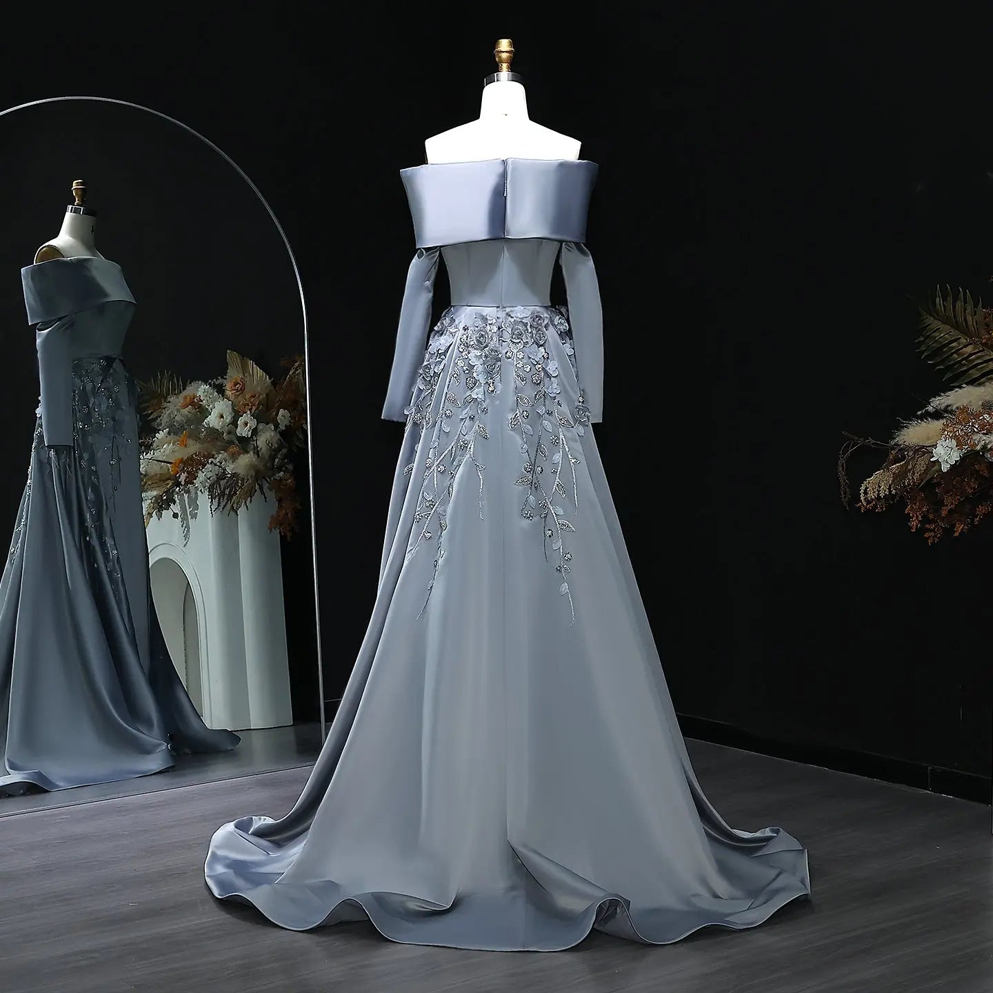 Elegant Gray 3D Flowers Beaded Arabic Evening Dress with Overskirt