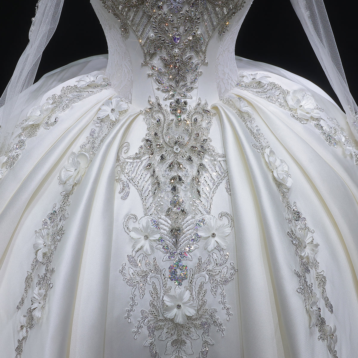 Luxury Satin 3D Floral Long Sleeve Embroidered Wedding Dress SW601 