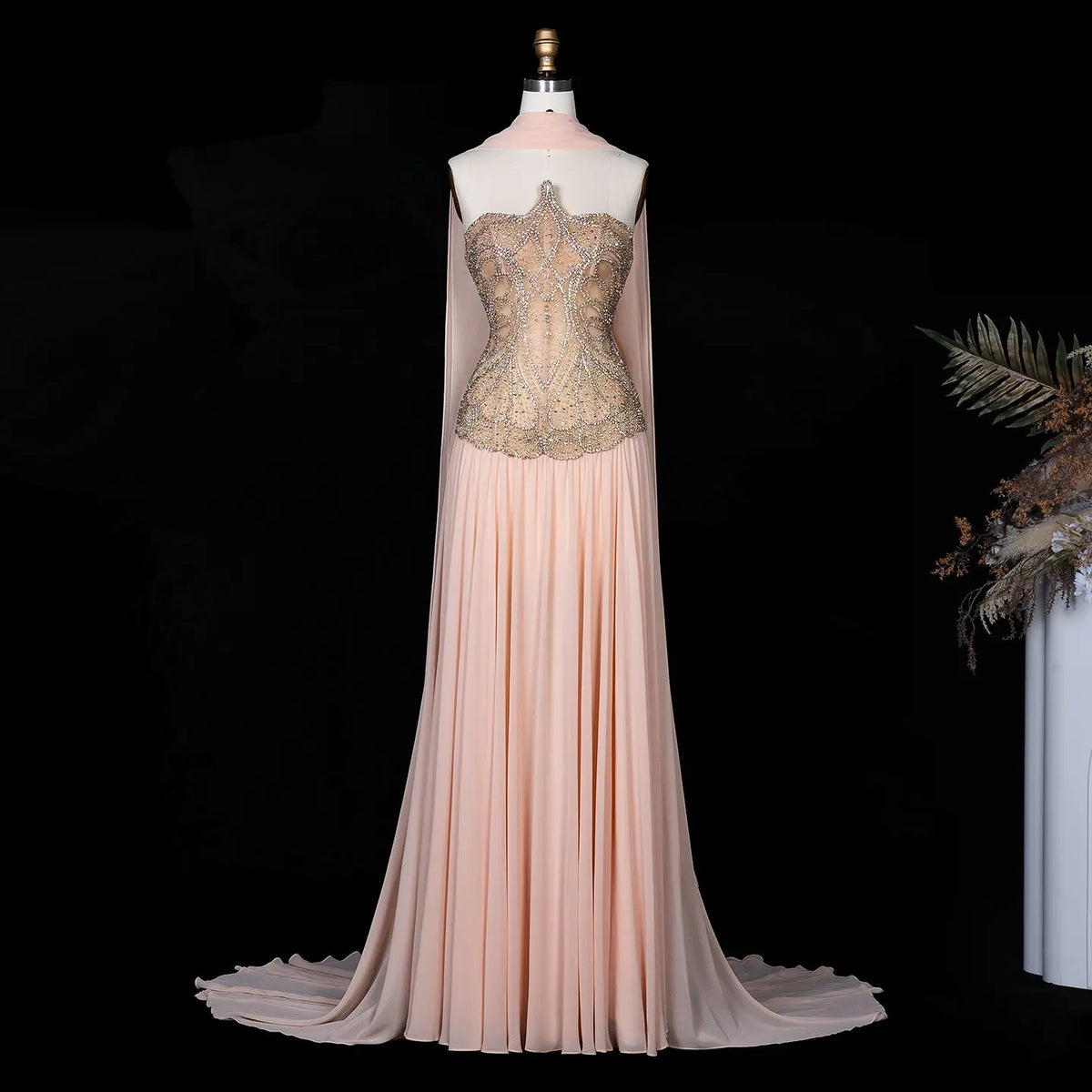 Blush Pink Strapless Corset Beaded Evening Dress SS203