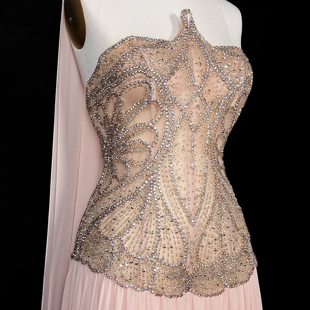 Blush Pink Strapless Corset Beaded Evening Dress SS203-8