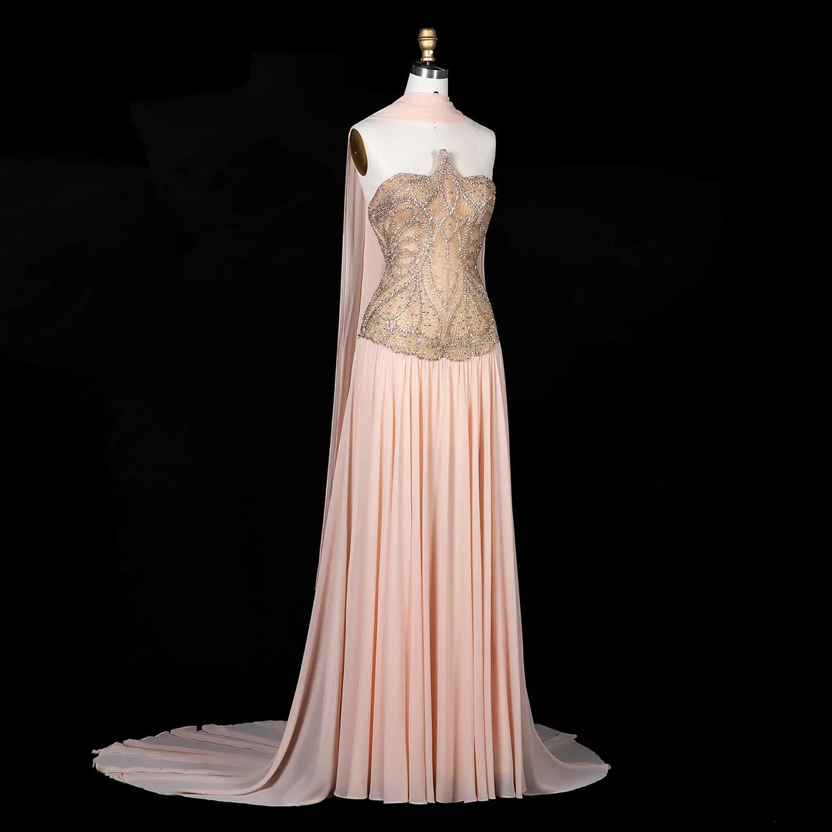Blush Pink Strapless Corset Beaded Evening Dress SS203-9