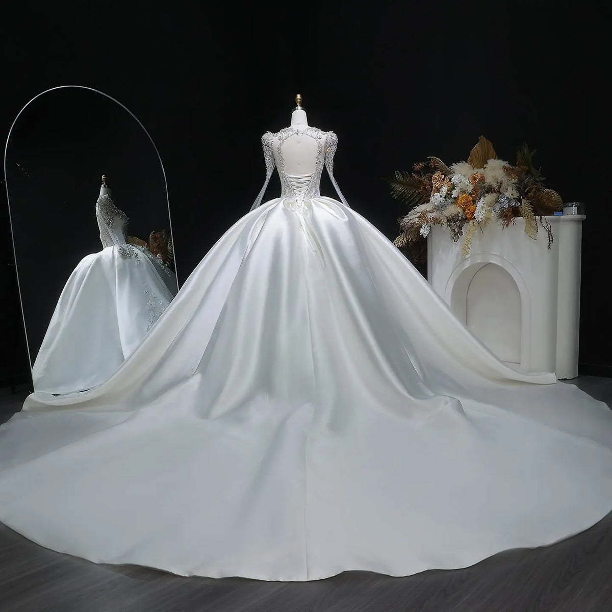 Luxury Satin 3D Floral Long Sleeve Embroidered Wedding Dress SW601 Luxury Satin 3D Floral Long Sleeve Embroidered Wedding Dress SW601