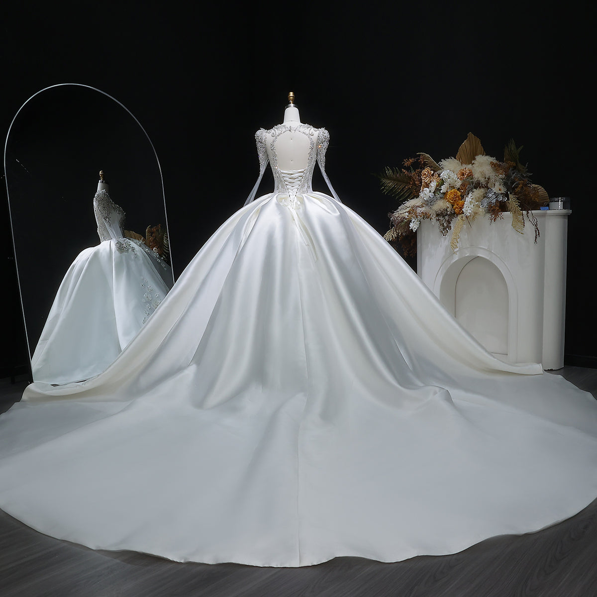 Luxury Satin 3D Floral Long Sleeve Embroidered Wedding Dress SW601 