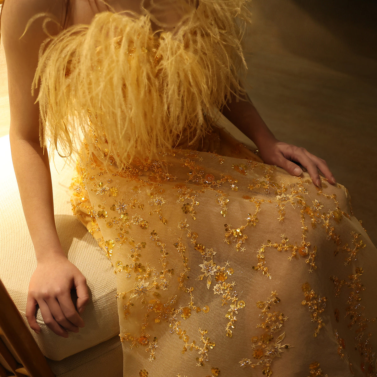 Sharon Said Luxury Feather Yellow Gold Evening Dress with Overskirt Slit Elegant Strapless Women Wedding Prom Party Gowns SS442