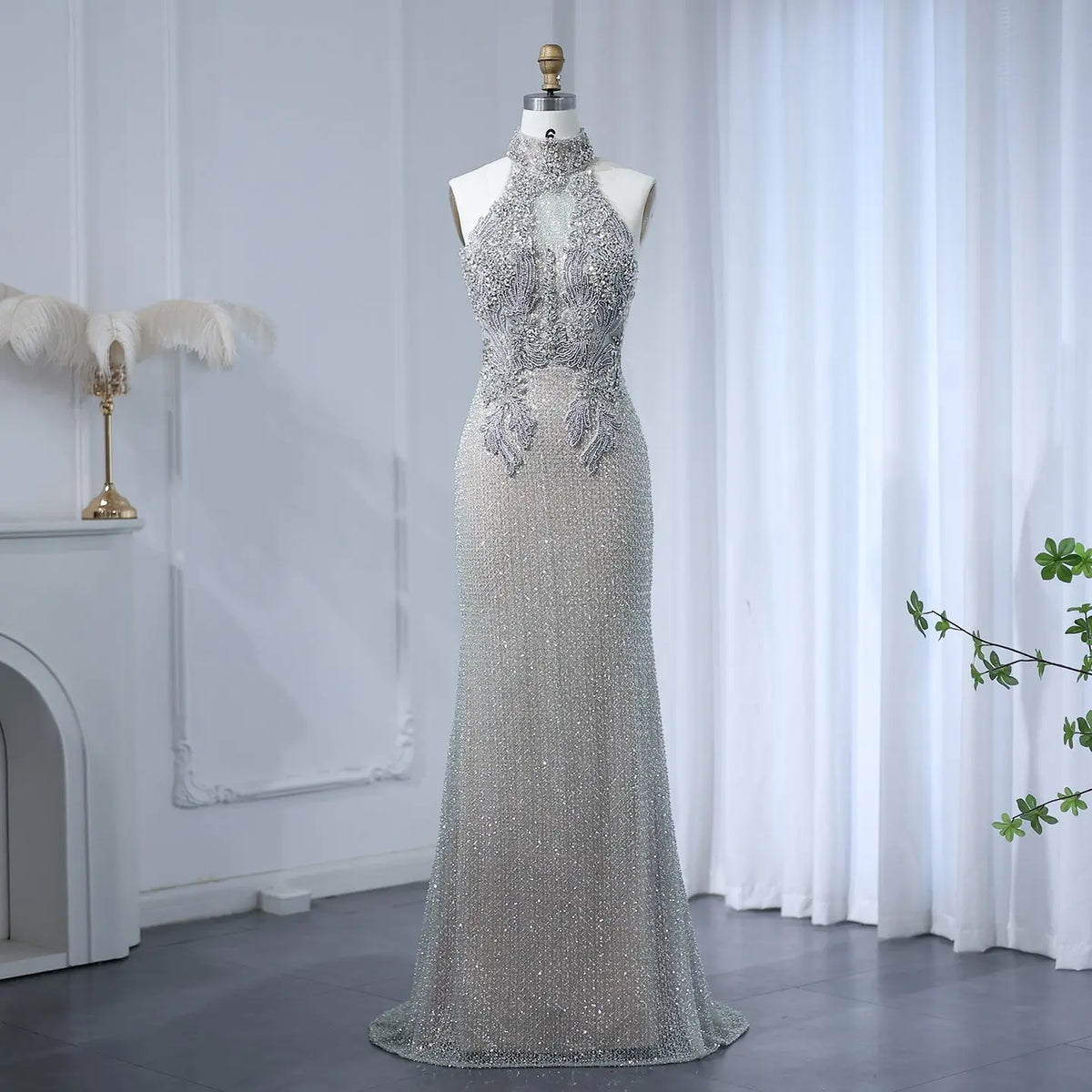 Luxury Halter Silver Nude Beaded Evening Dress SS408 Luxury Halter Silver Nude Beaded Evening Dress SS408