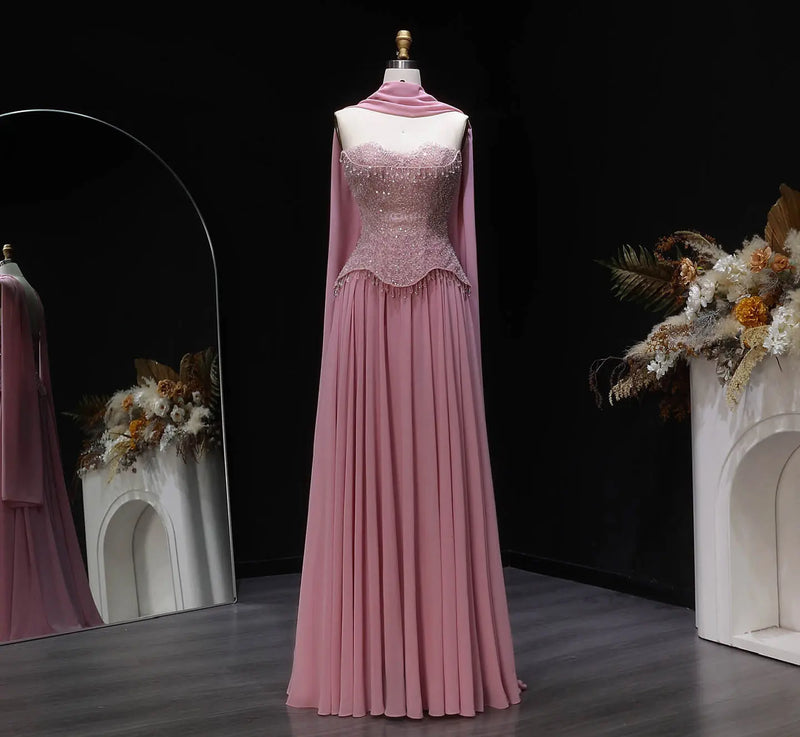 Elegant Pink Beaded Sweetheart Chiffon Evening Dress with Scarf SS434 