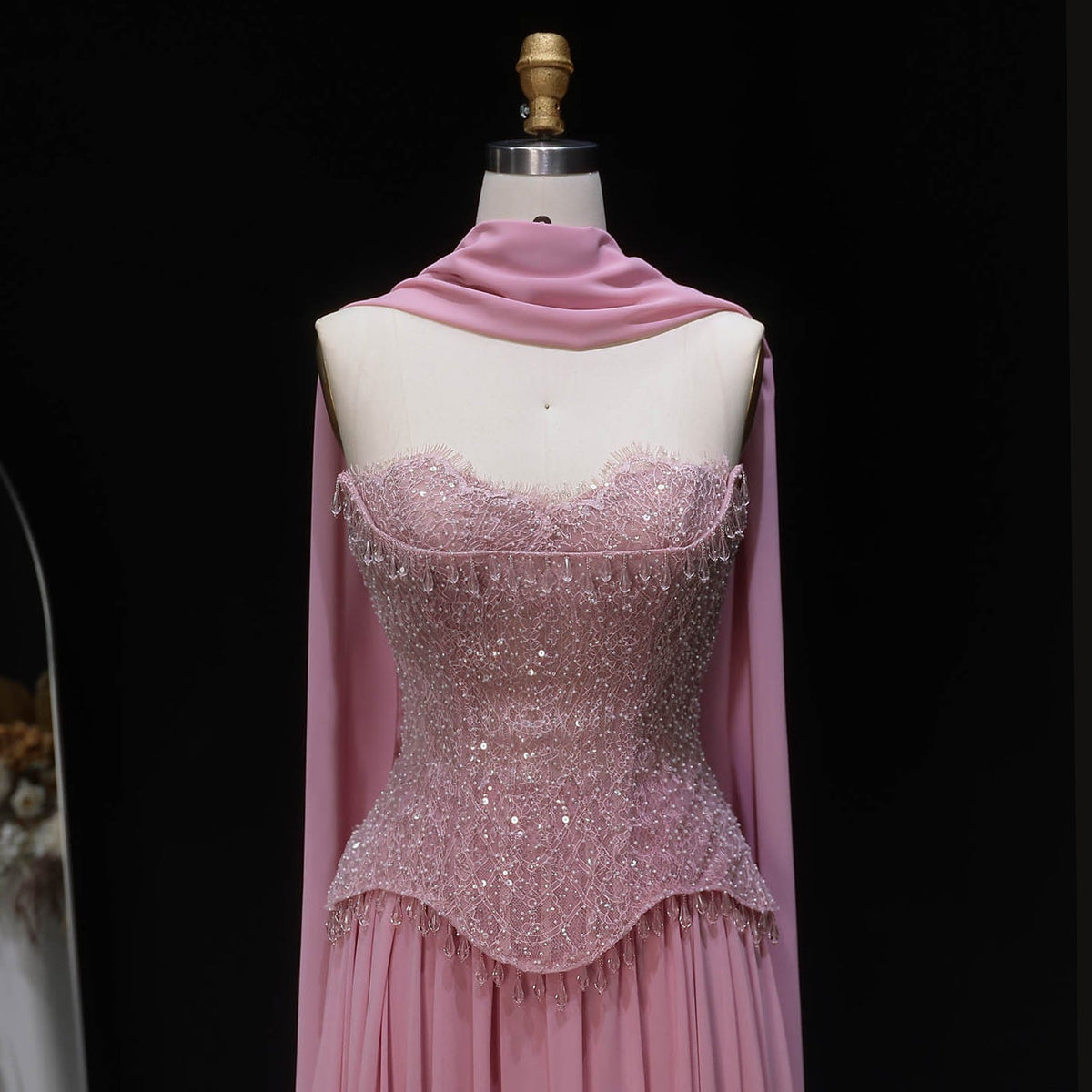 Elegant Pink Beaded Sweetheart Chiffon Evening Dress with Scarf SS434 