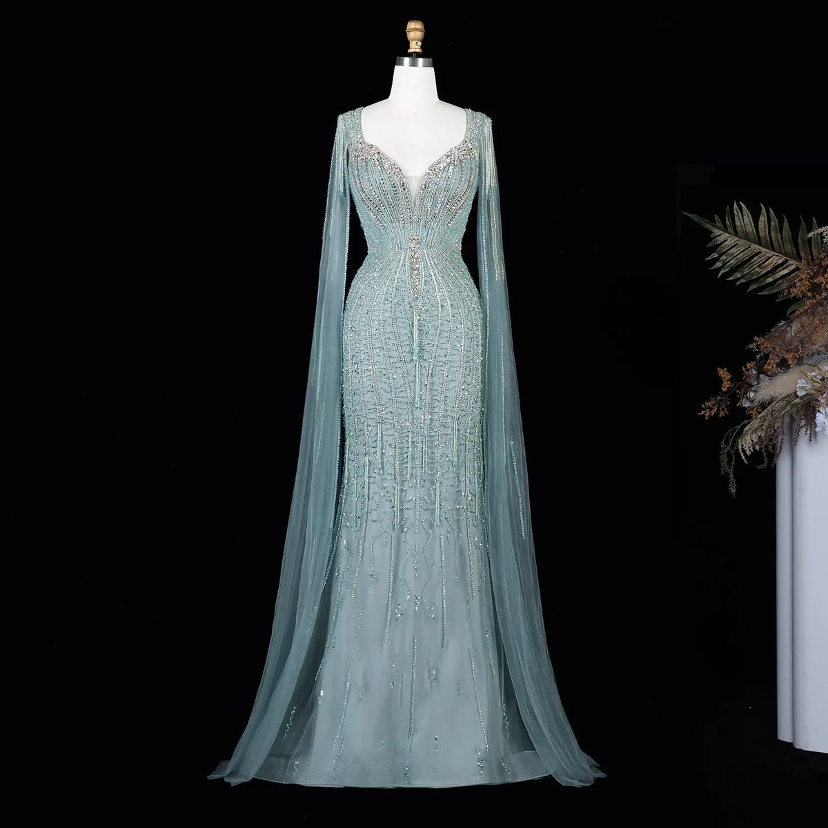 Champagne Beaded Cape Mermaid Evening Dress-15