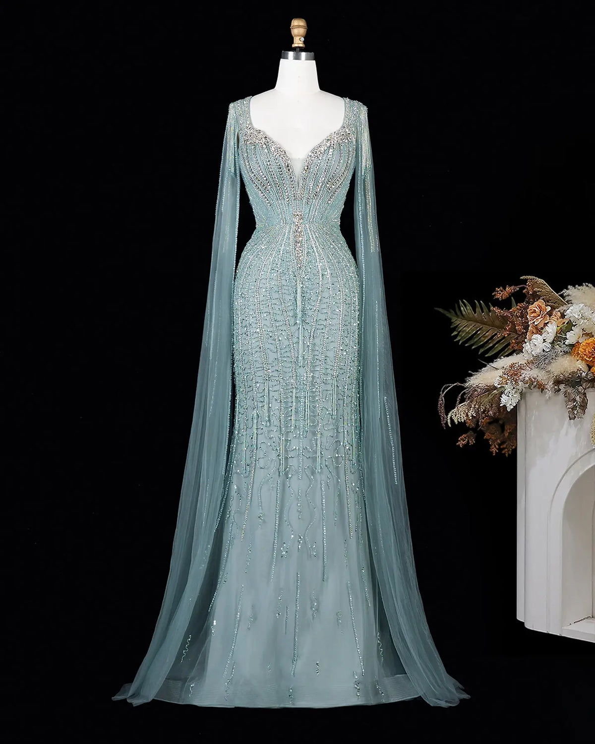 Champagne Beaded Cape Mermaid Evening Dress-14