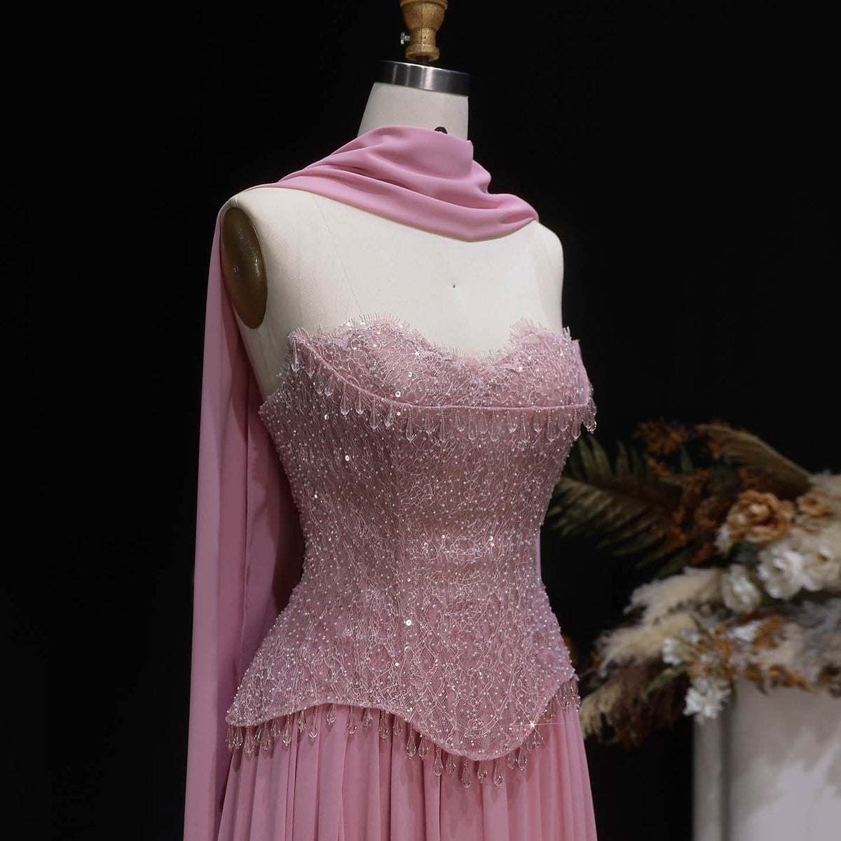 Elegant Pink Beaded Sweetheart Chiffon Evening Dress with Scarf SS434 