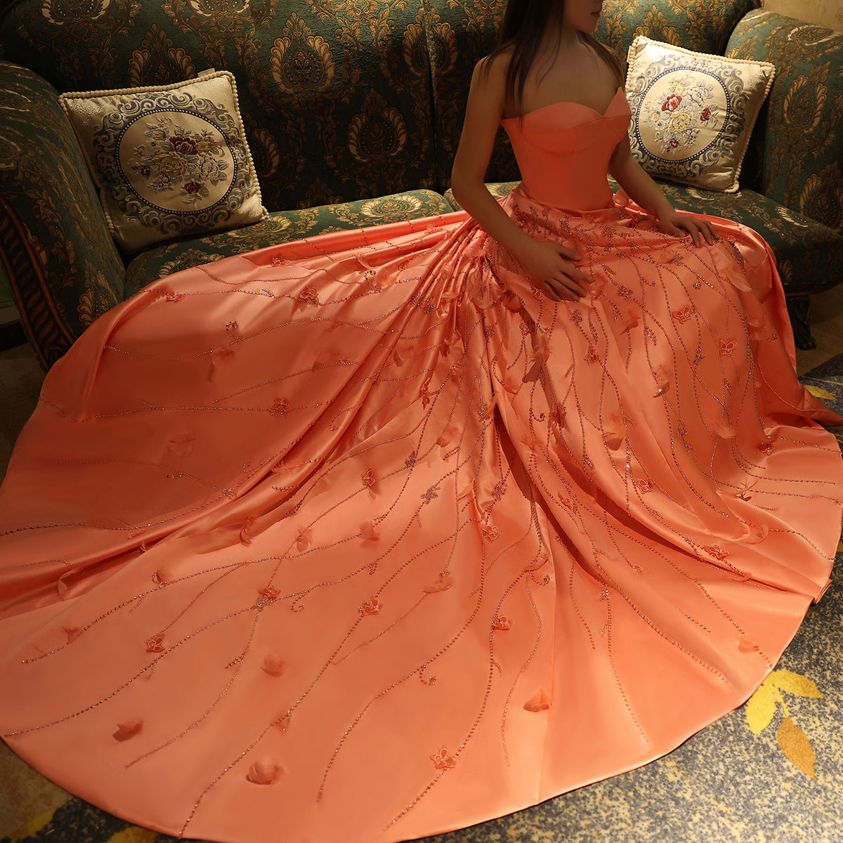 Sharon Said Luxus Federn Dubai Korallen Rosa Abendkleider 3D Blumen Sweeheart Lange Frauen Hochzeit Formale Party Kleid SS470