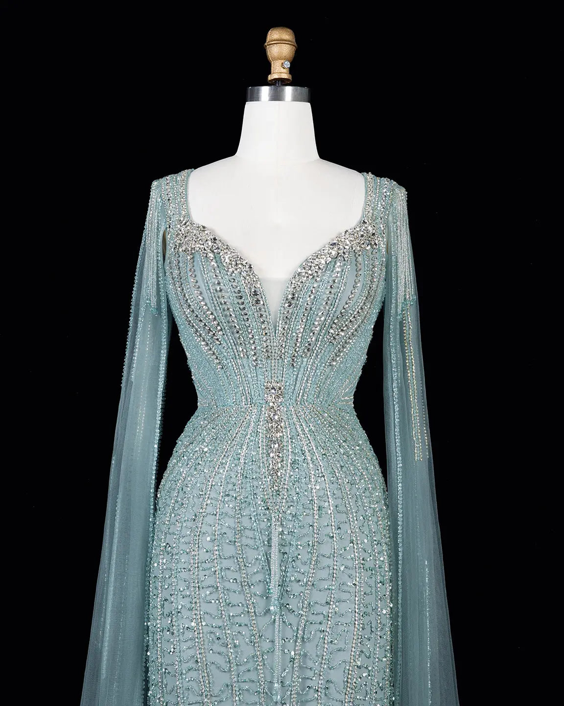 Champagne Beaded Cape Mermaid Evening Dress-16