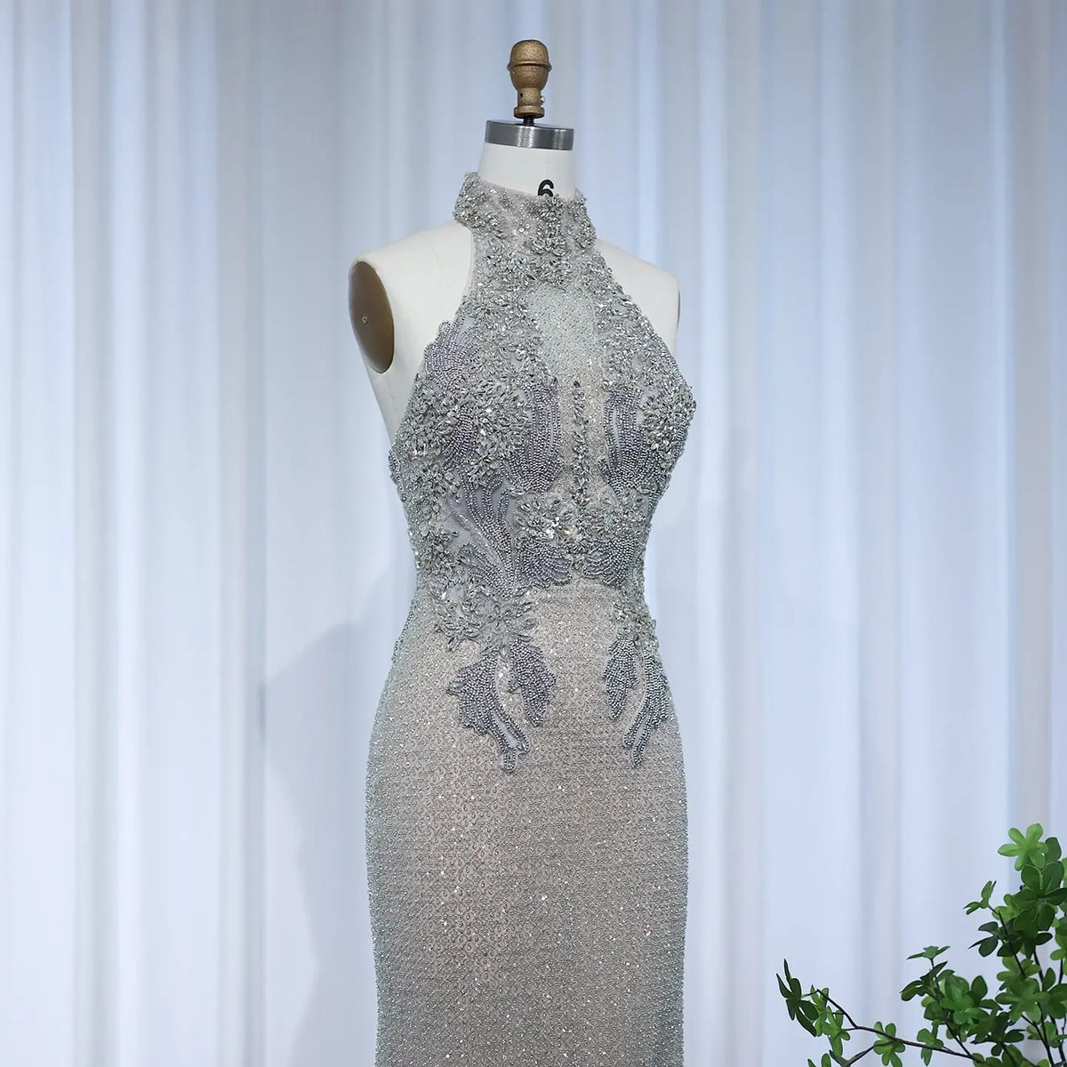 Luxury Halter Silver Nude Beaded Evening Dress SS408 Luxury Halter Silver Nude Beaded Evening Dress SS408