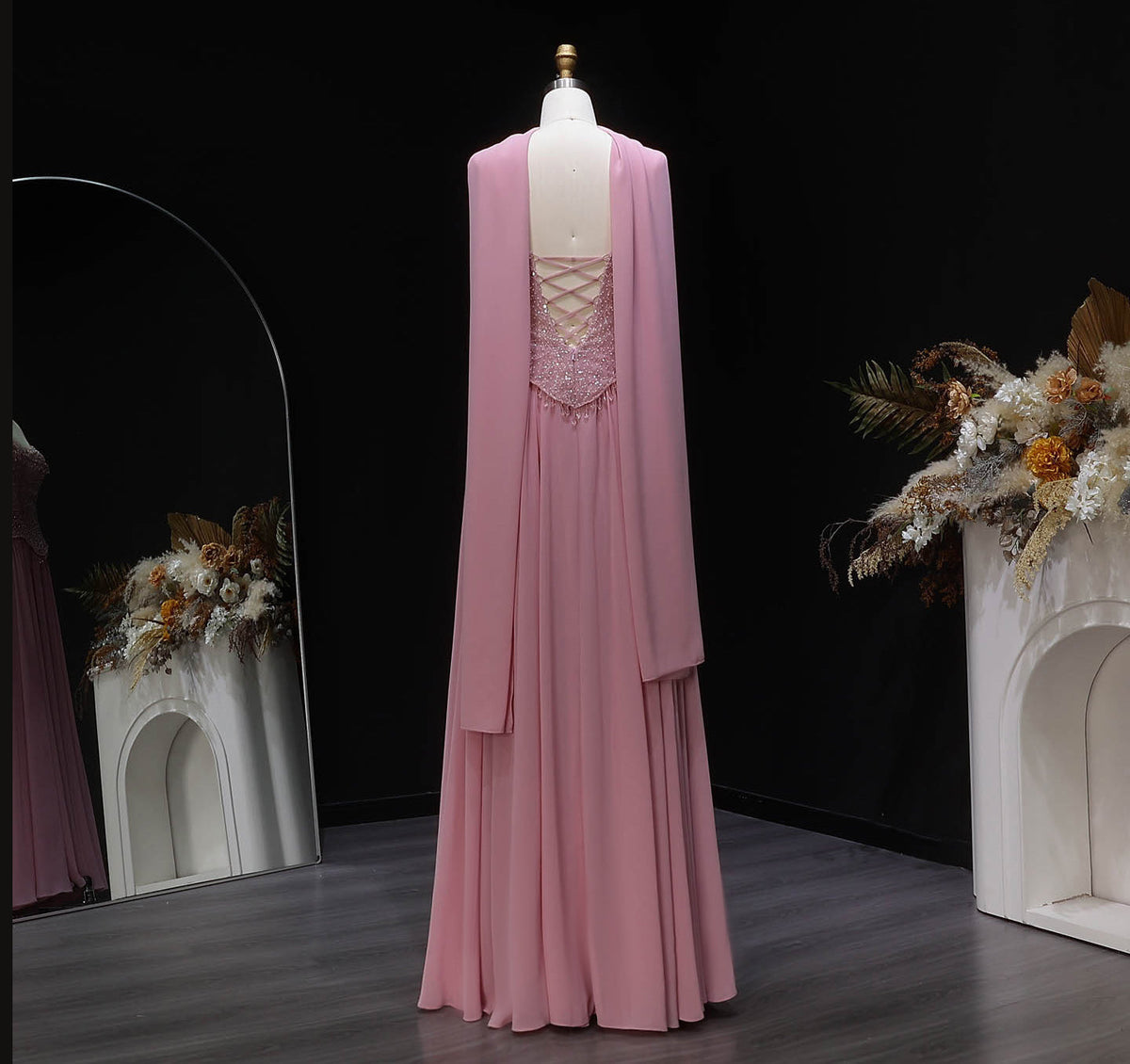Elegant Pink Beaded Sweetheart Chiffon Evening Dress with Scarf SS434 