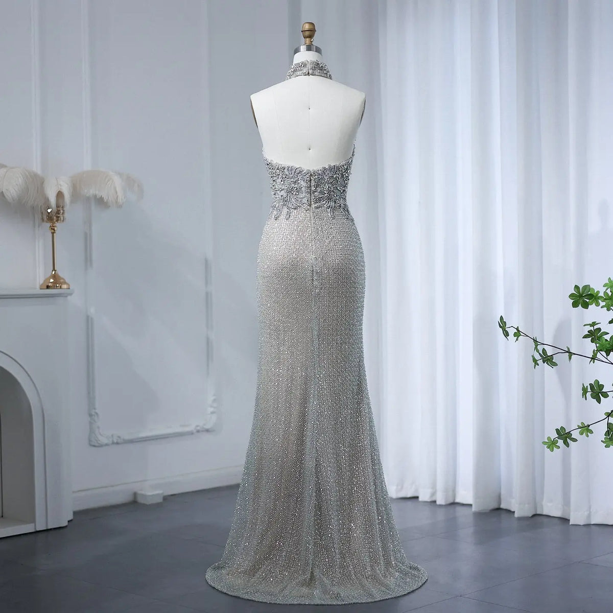 Luxury Halter Silver Nude Beaded Evening Dress SS408 Luxury Halter Silver Nude Beaded Evening Dress SS408