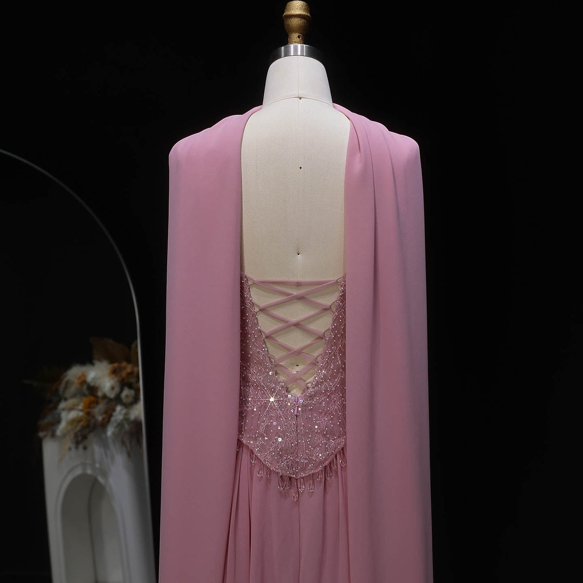 Elegant Pink Beaded Sweetheart Chiffon Evening Dress with Scarf SS434 