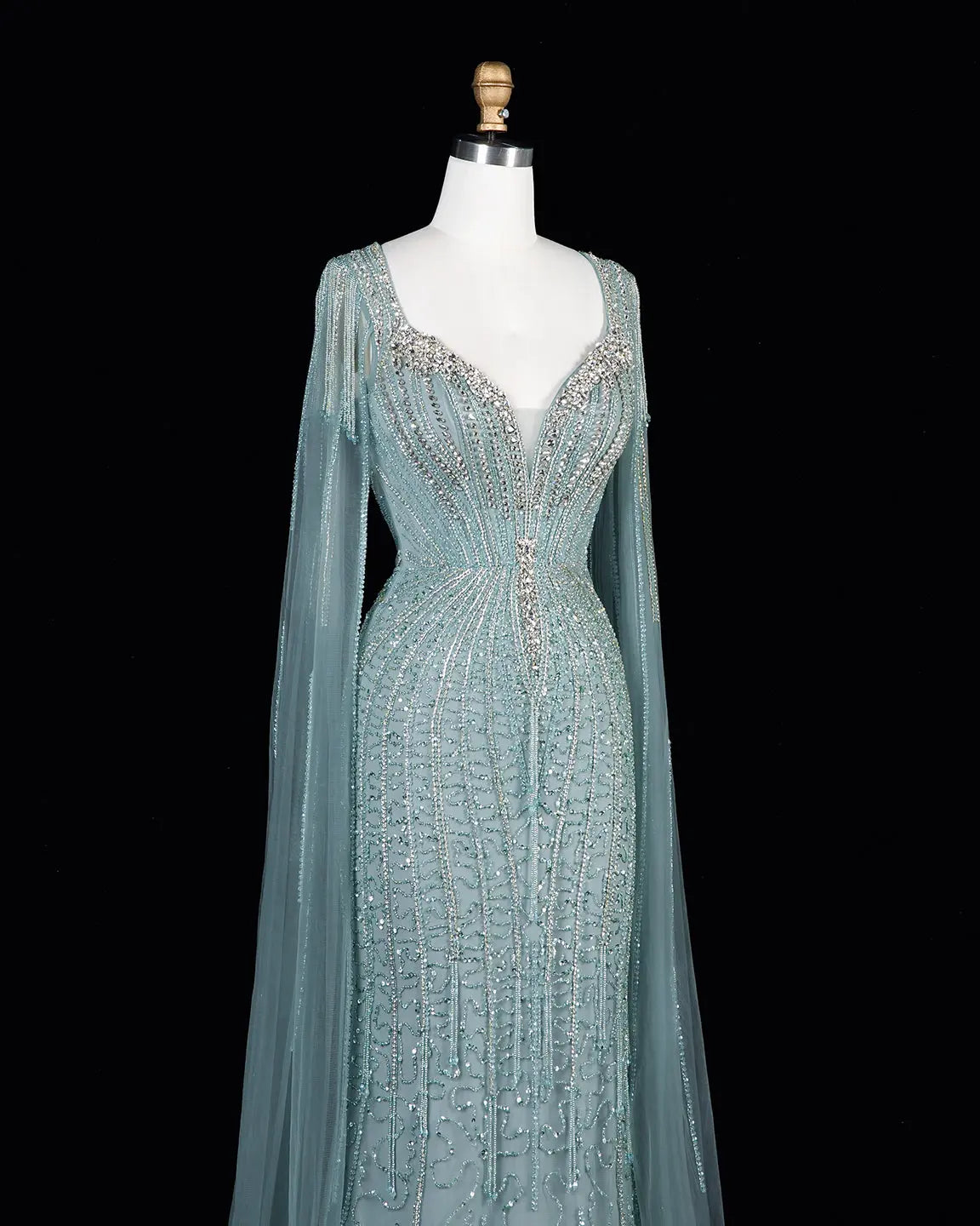Champagne Beaded Cape Mermaid Evening Dress-17