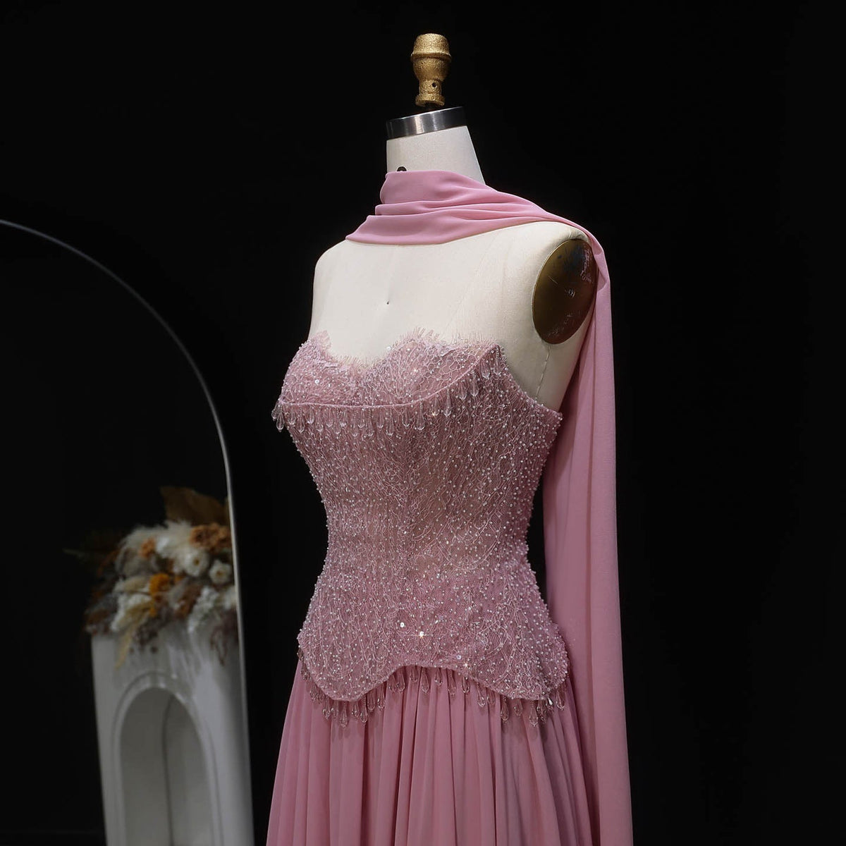 Elegant Pink Beaded Sweetheart Chiffon Evening Dress with Scarf SS434 