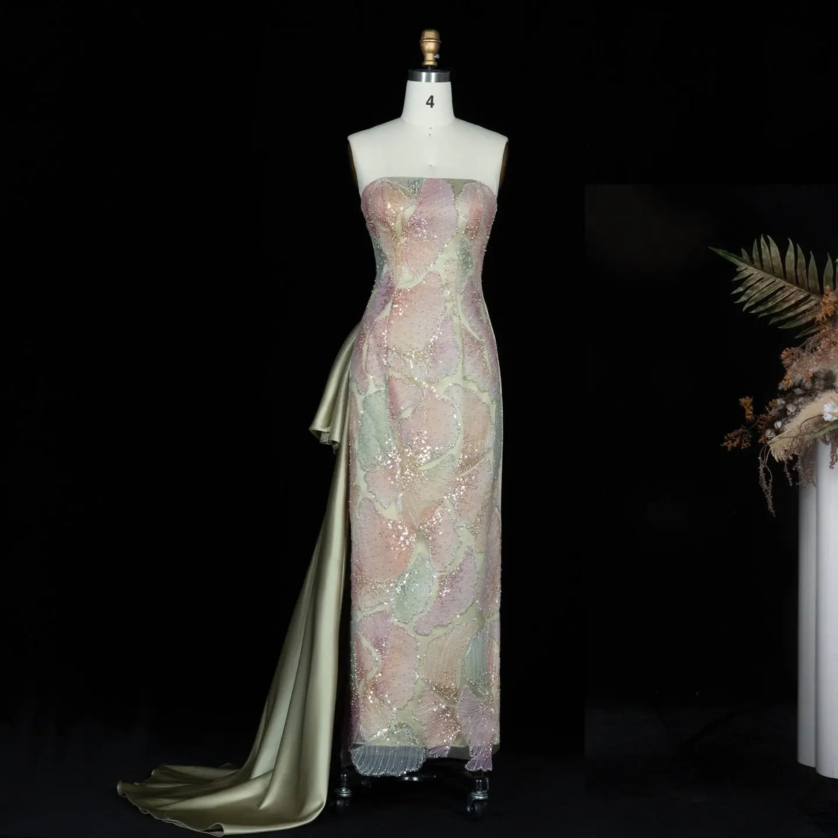 Sage Green Strapless Sequin Satin Bow Maxi Dress SS664