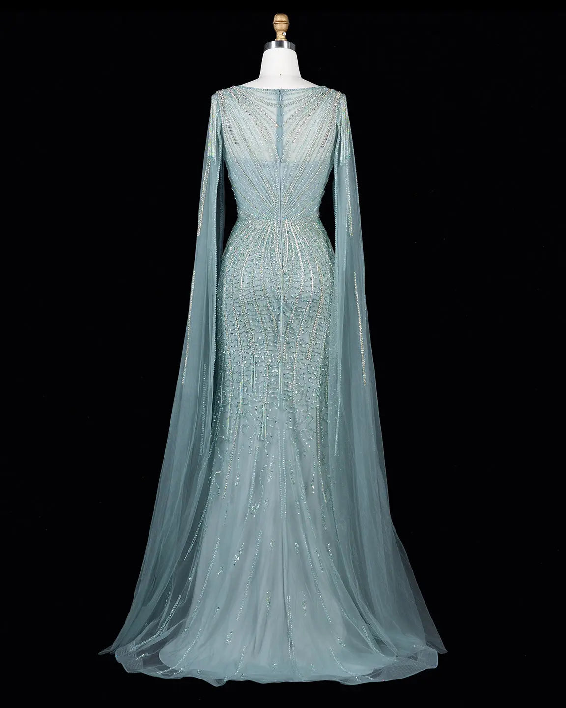 Champagne Beaded Cape Mermaid Evening Dress-21