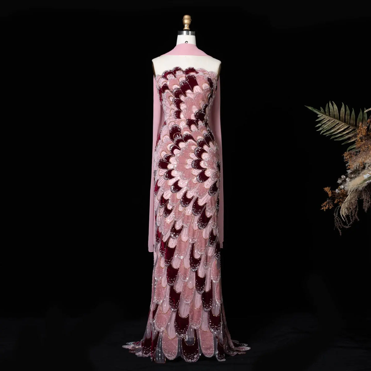 Pink Velvet Rhinestone Evening Dress SS617