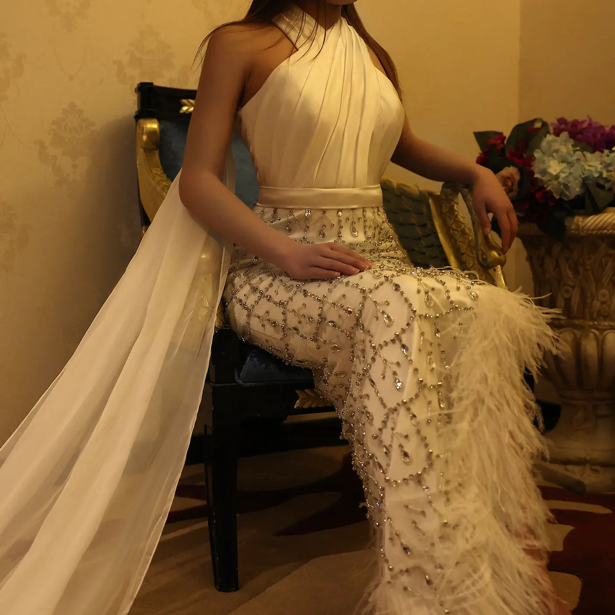 Luxury Feather White Halter Evening Dress with Cape SS350 