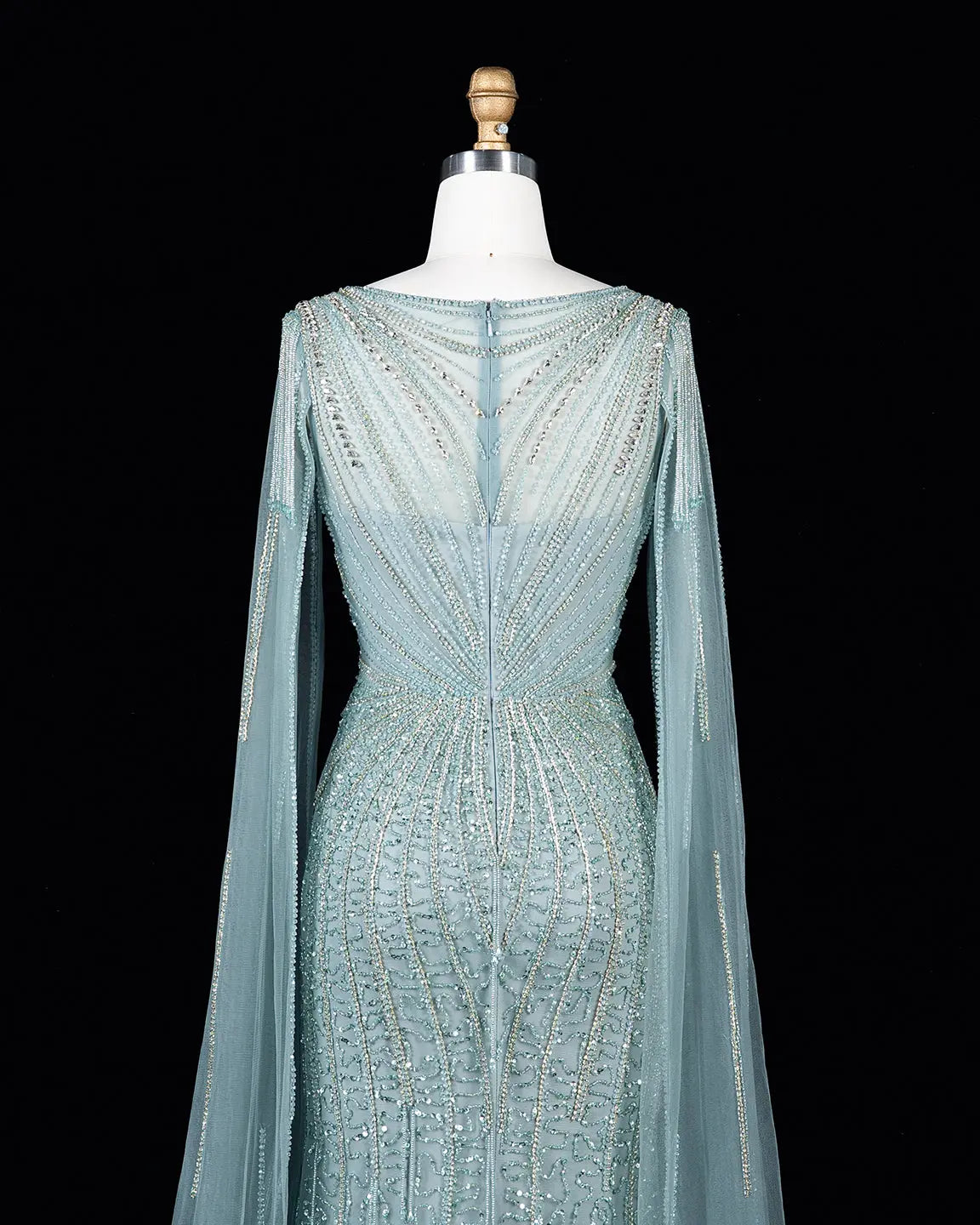 Champagne Beaded Cape Mermaid Evening Dress-20