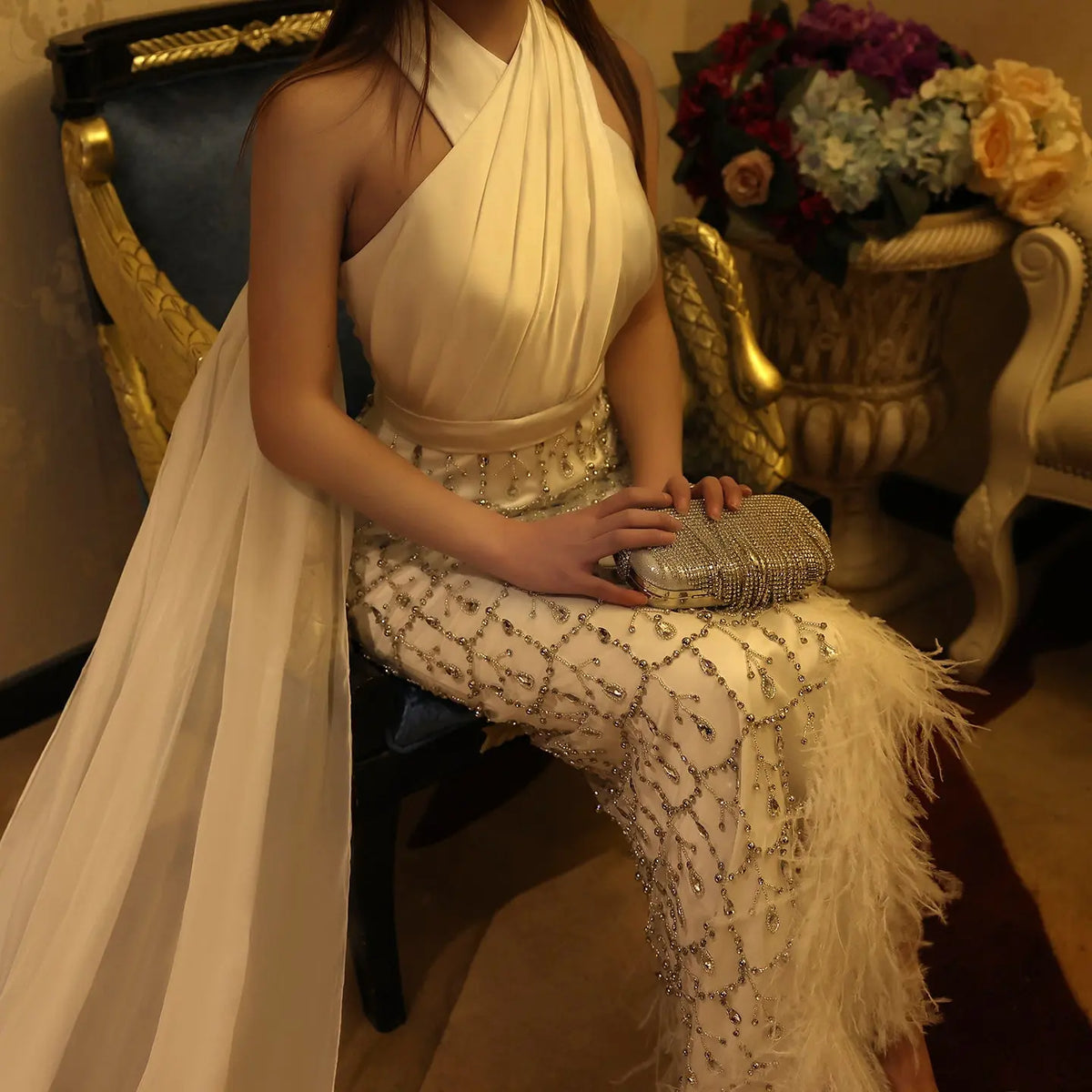 Luxury Feather White Halter Evening Dress with Cape SS350 