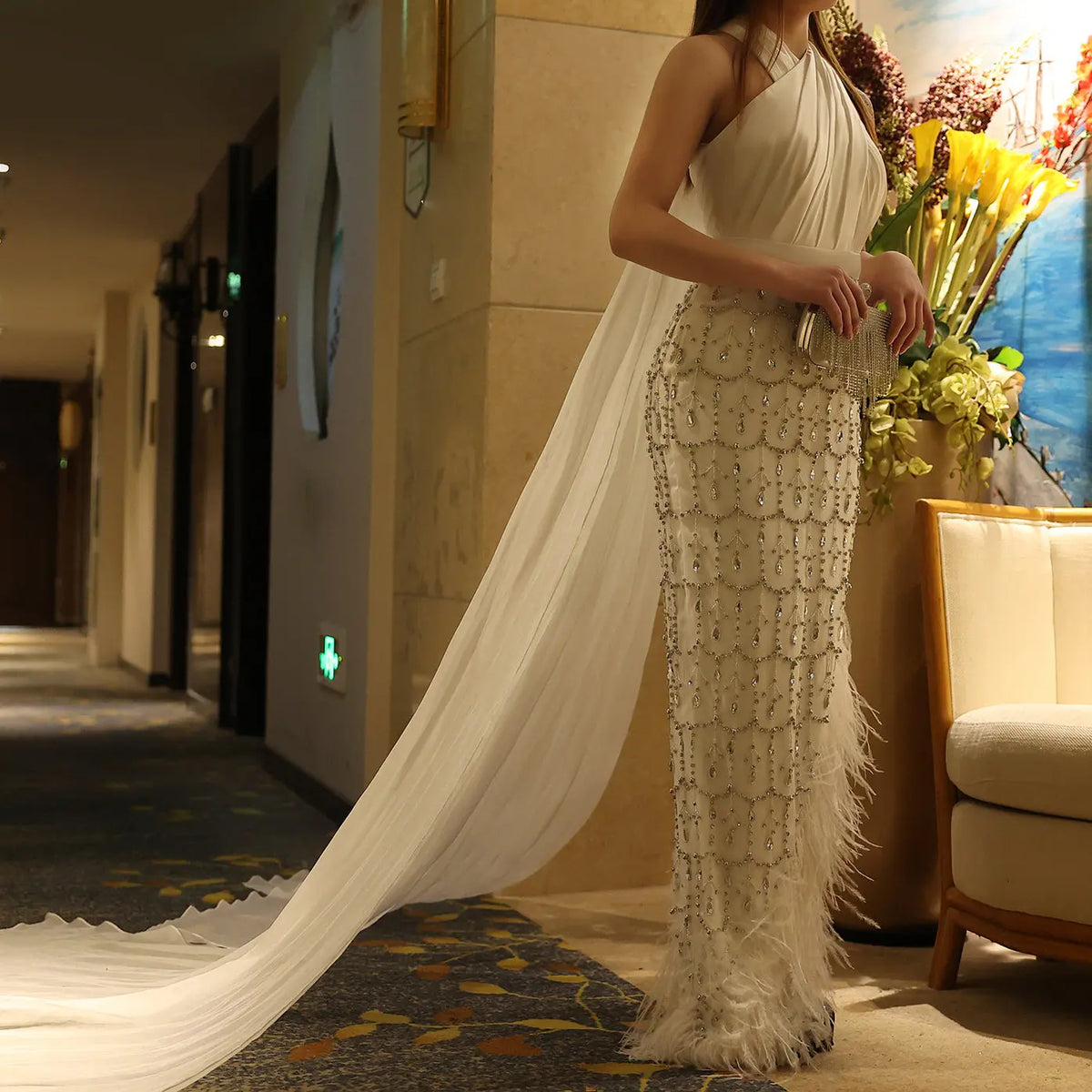 Luxury Feather White Halter Evening Dress with Cape SS350 