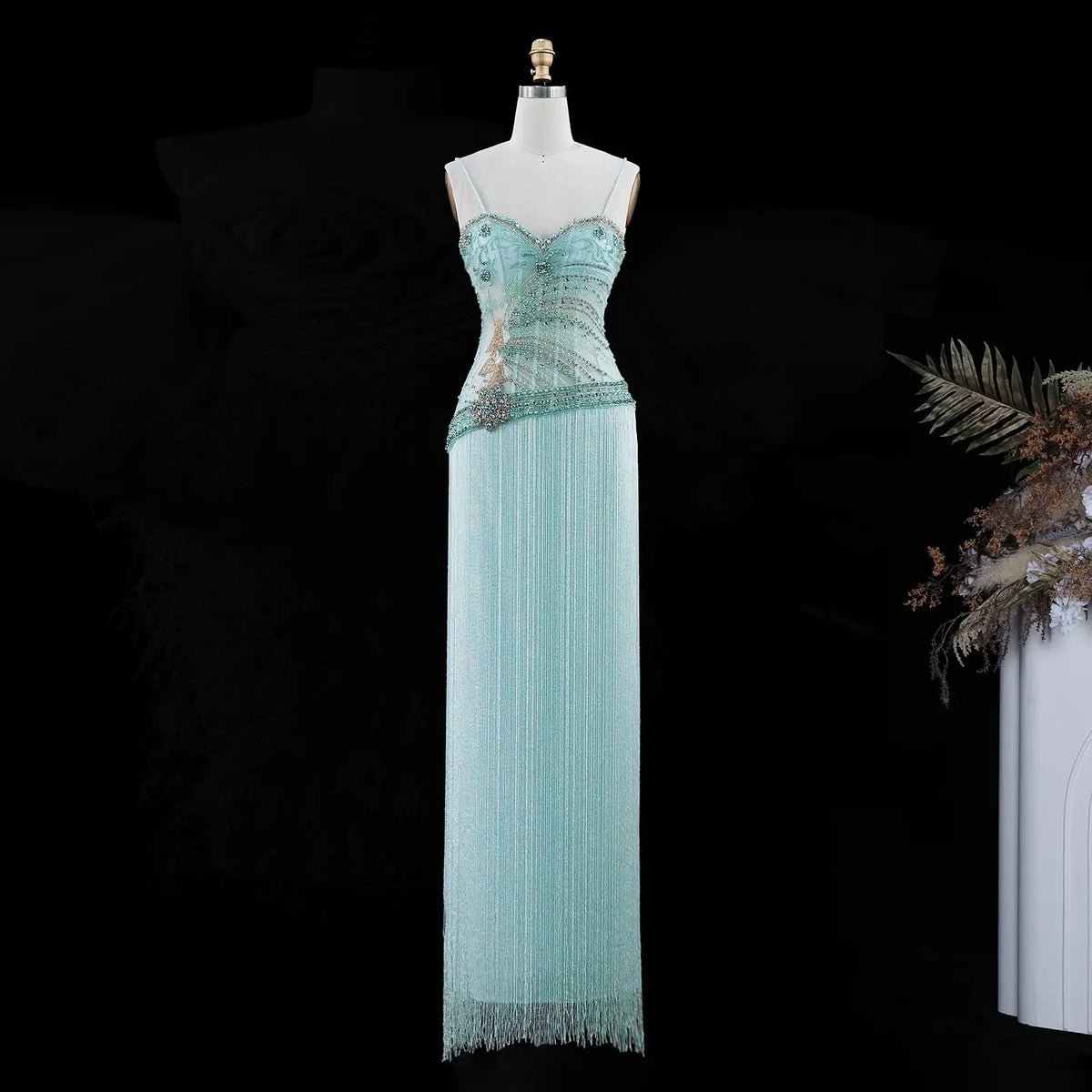 Aqua Fringe Beaded Corset Formal Evening Dress SS202