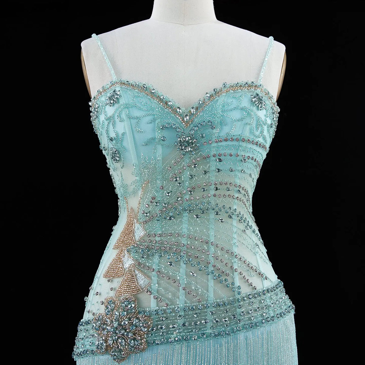 Aqua Fringe Beaded Corset Formal Evening Dress SS202-3