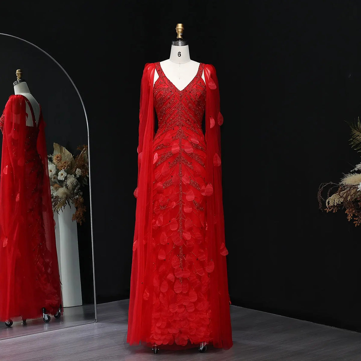 Luxury Wine Red Beaded Feathers Evening Dress with Cape Sleeves SS283 
