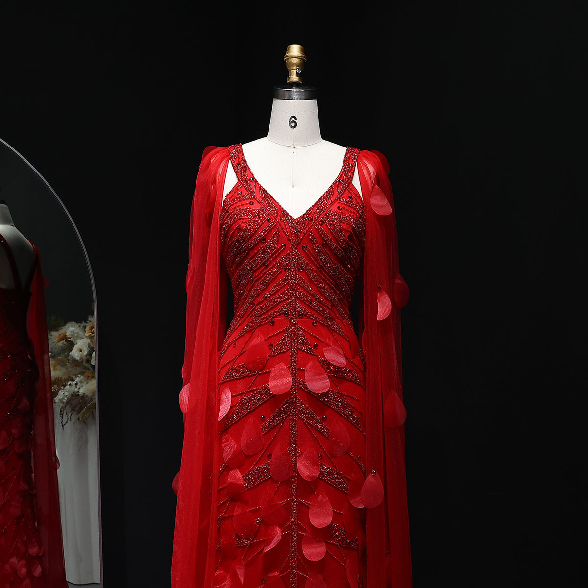 Luxury Wine Red Beaded Feathers Evening Dress with Cape Sleeves SS283 