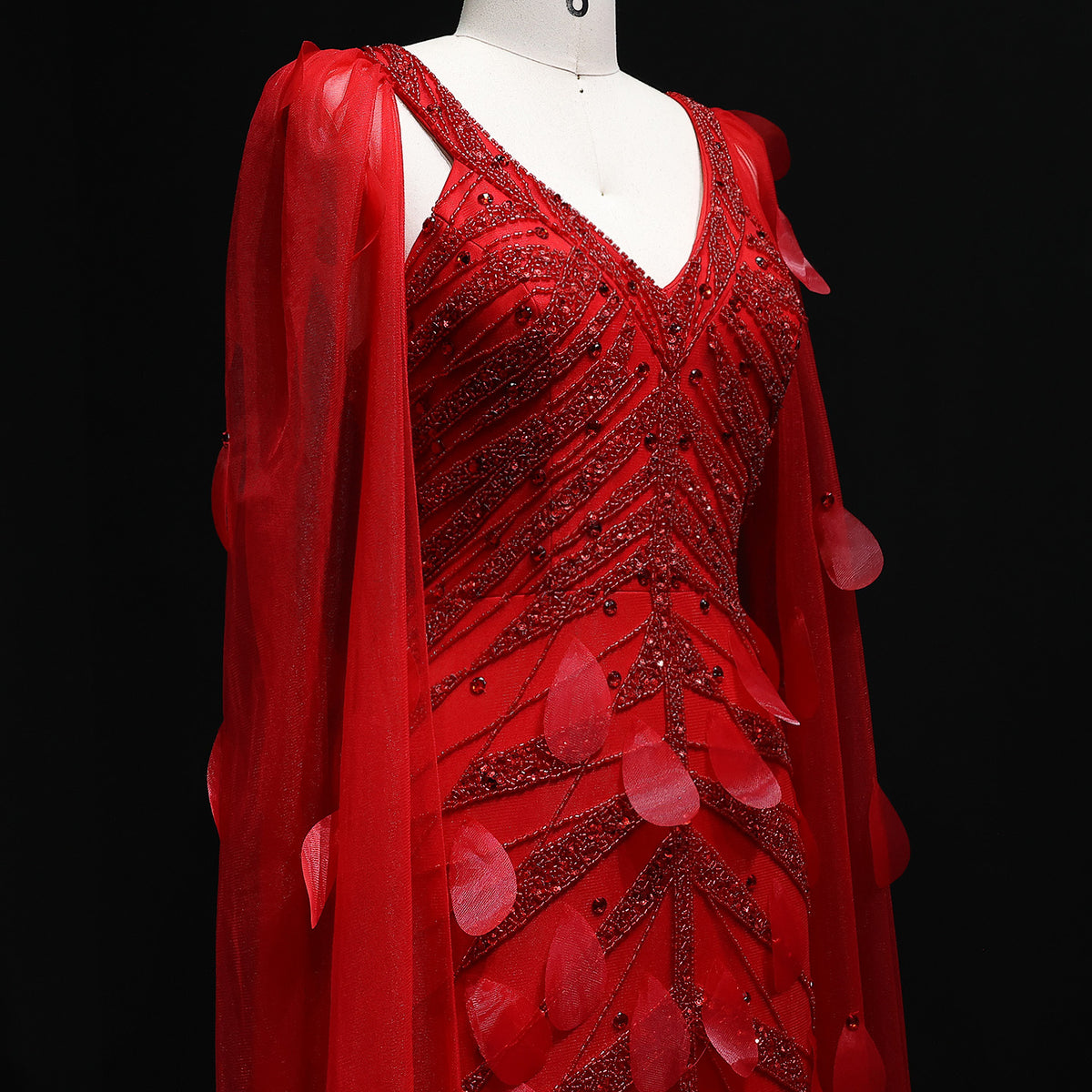 Luxury Wine Red Beaded Feathers Evening Dress with Cape Sleeves SS283 